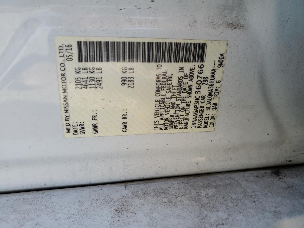 2017 Nissan Maxima 3.5S VIN: 1N4AA6AP3HC360766 Lot: 71930255