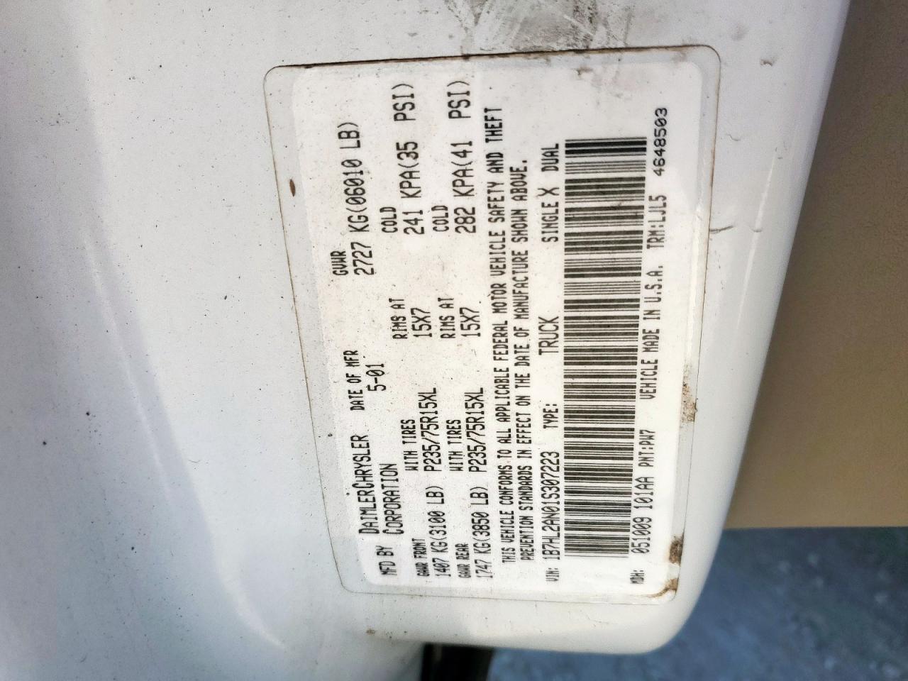 2001 Dodge Dakota Quad VIN: 1B7HL2AN01S307223 Lot: 81850015