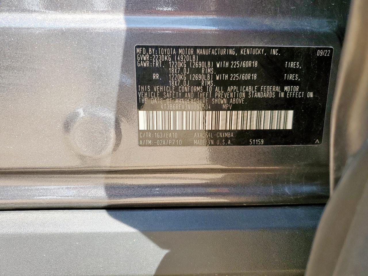 2022 Toyota Rav4 Xle Premium VIN: 4T3B6RFV3NU097504 Lot: 81626065