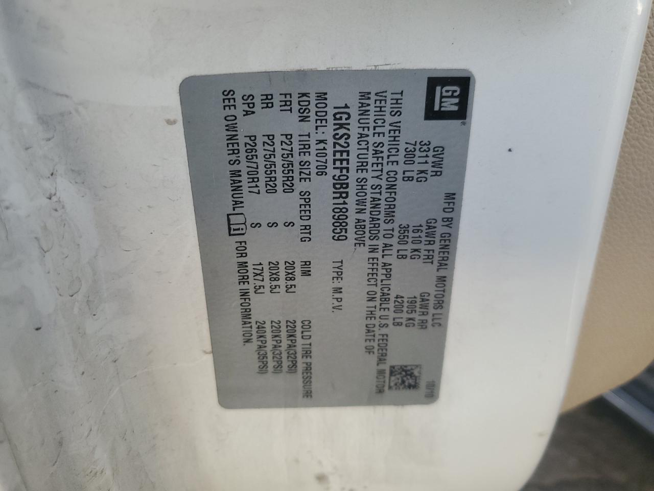 2011 GMC Yukon Denali VIN: 1GKS2EEF9BR189859 Lot: 80338085