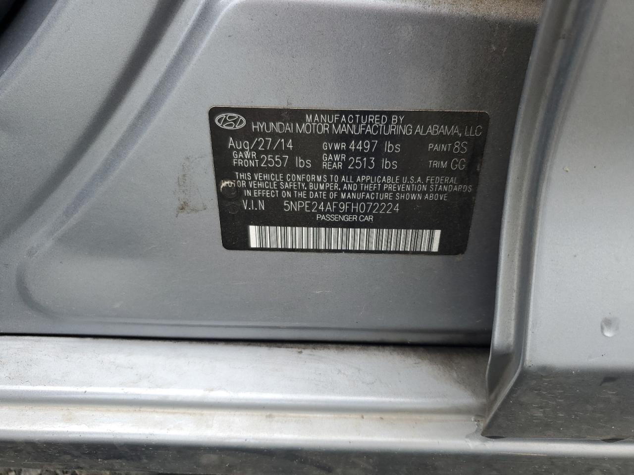 2015 Hyundai Sonata Se VIN: 5NPE24AF9FH072224 Lot: 80472835