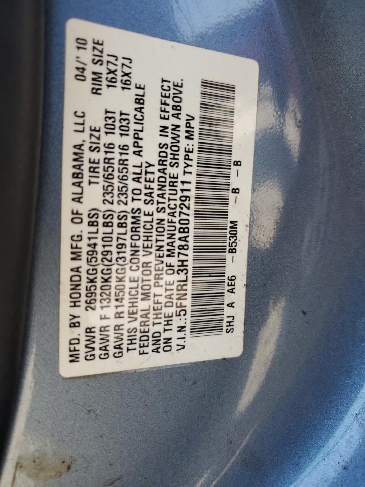 2010 Honda Odyssey Exl VIN: 5FNRL3H78AB072911 Lot: 80645045