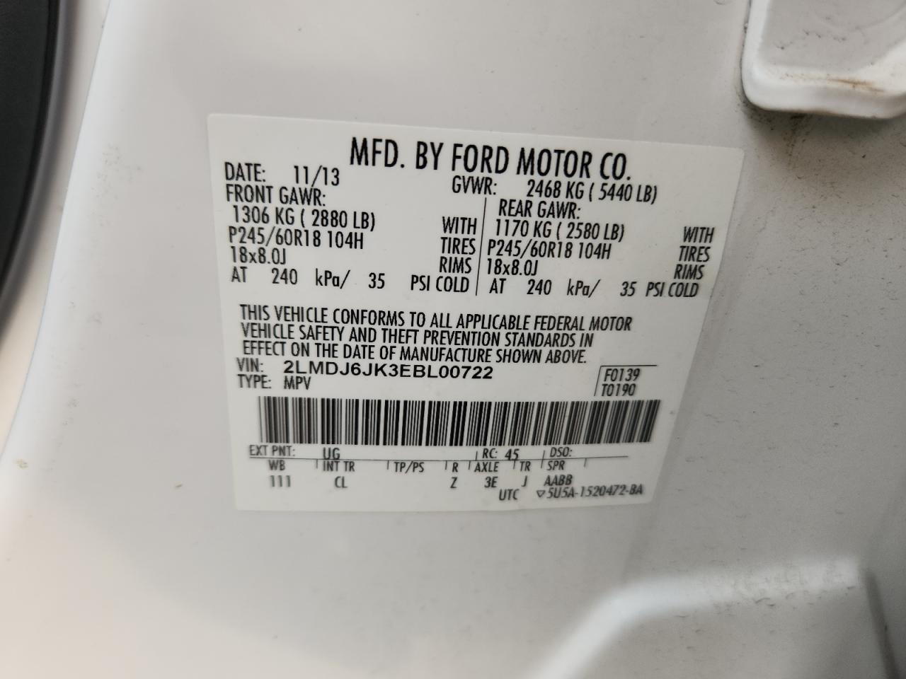 2014 Lincoln Mkx VIN: 2LMDJ6JK3EBL00722 Lot: 72044375