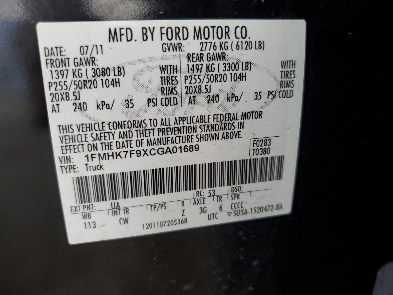 2012 Ford Explorer Limited VIN: 1FMHK7F9XCGA01689 Lot: 81140925