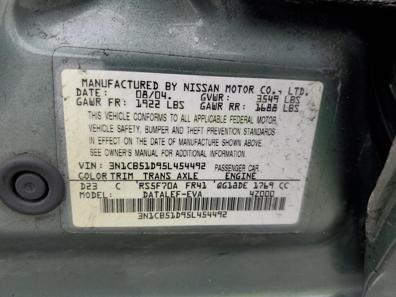 2005 Nissan Sentra 1.8 VIN: 3N1CB51D95L454492 Lot: 84201195