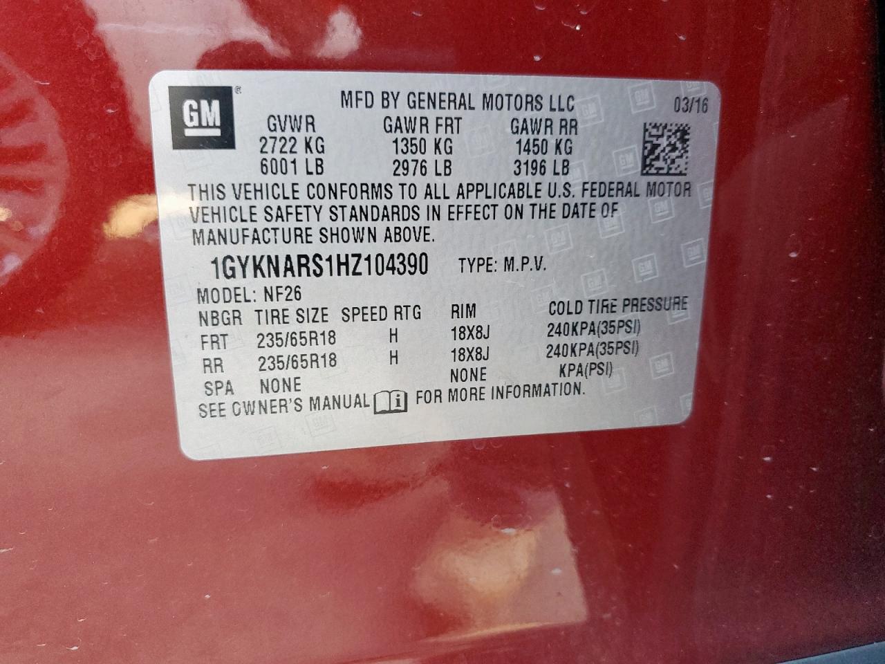 2017 Cadillac Xt5 VIN: 1GYKNARS1HZ104390 Lot: 71729955