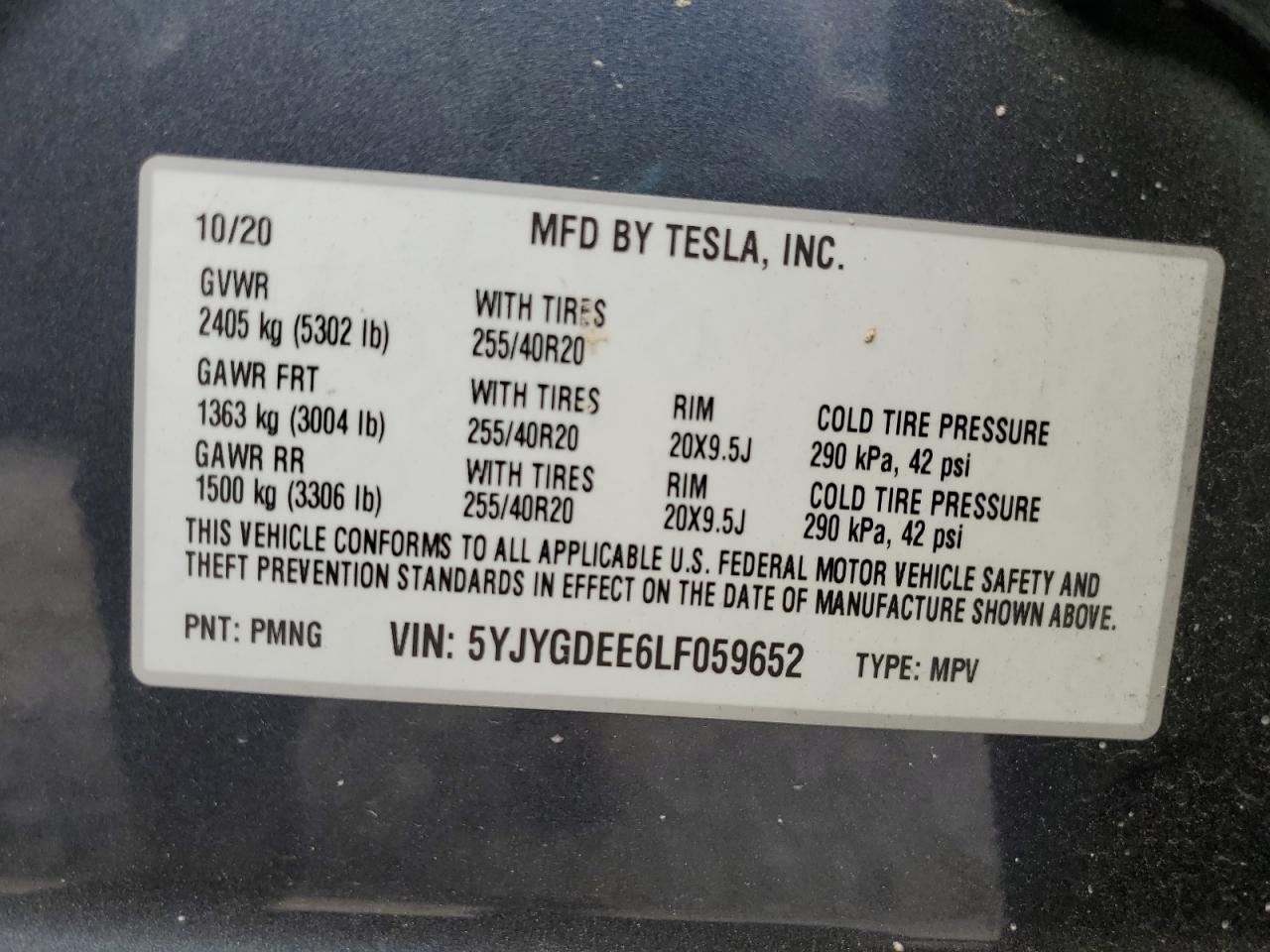 2020 Tesla Model Y VIN: 5YJYGDEE6LF059652 Lot: 80680995