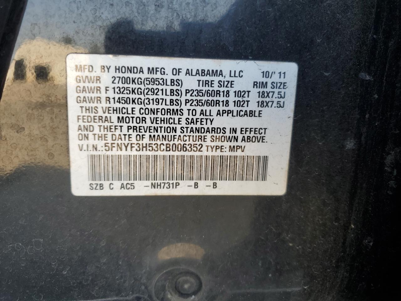 2012 Honda Pilot Exl VIN: 5FNYF3H53CB006352 Lot: 81119425