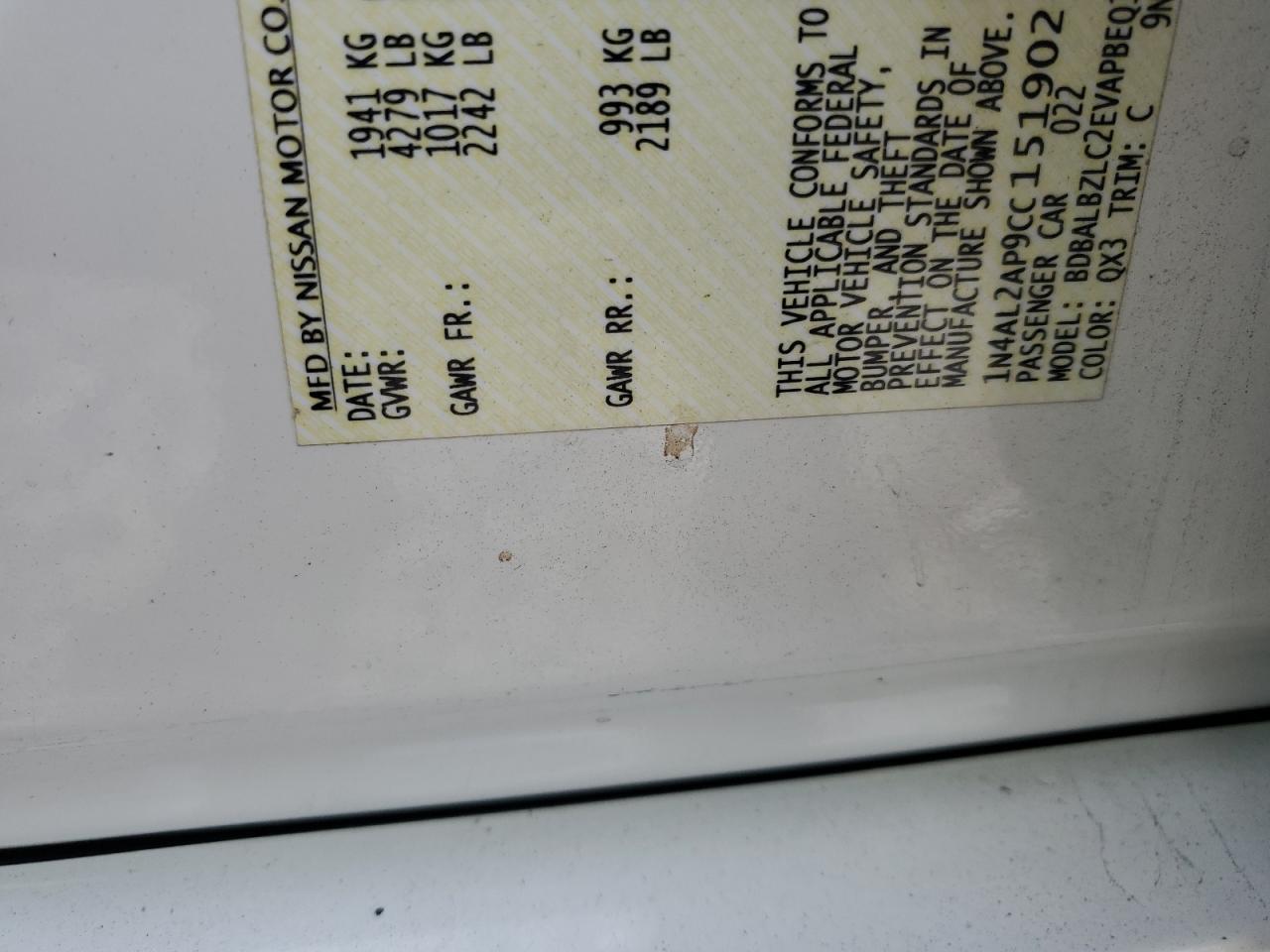 2012 Nissan Altima Base VIN: 1N4AL2AP9CC151902 Lot: 84055075