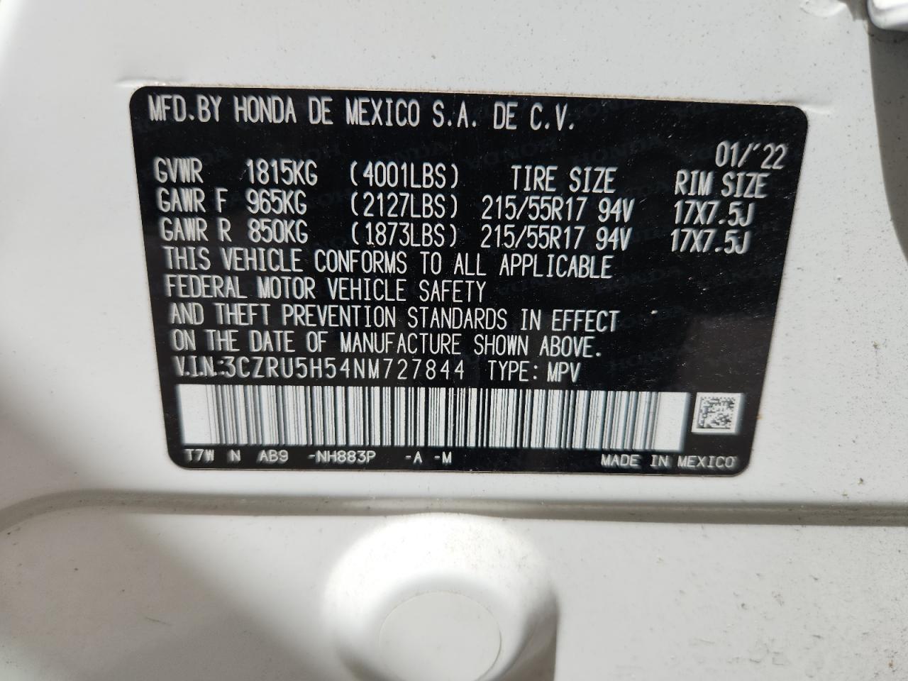 2022 Honda Hr-V Ex VIN: 3CZRU5H54NM727844 Lot: 71218225