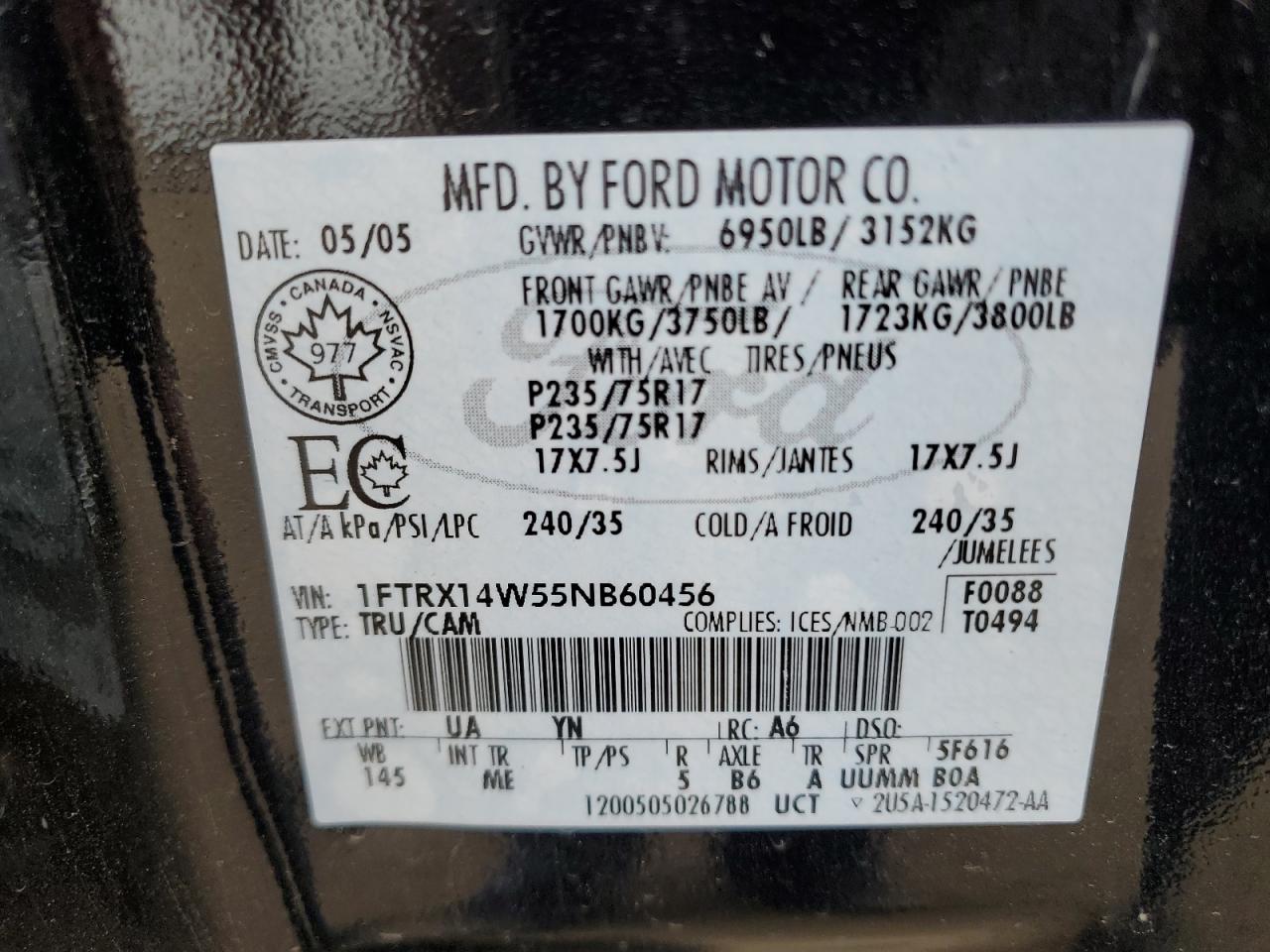 2005 Ford F150 VIN: 1FTRX14W55NB60456 Lot: 84591375