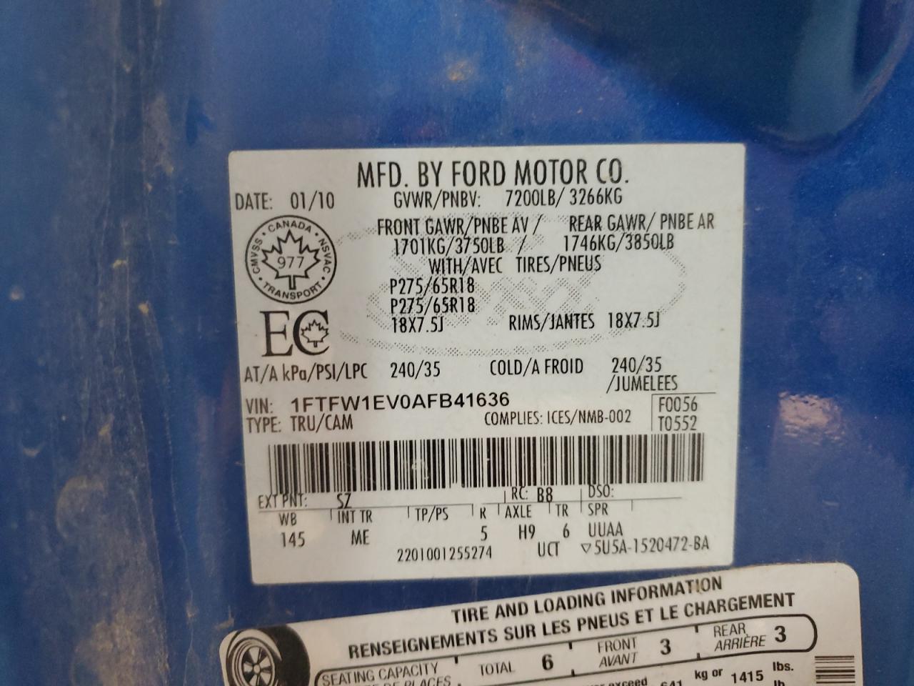 2010 Ford F150 Supercrew VIN: 1FTFW1EV0AFB41636 Lot: 71993555