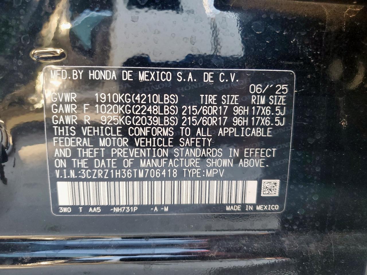 2026 Honda Hr-V Lx VIN: 3CZRZ1H36TM706418 Lot: 80253215