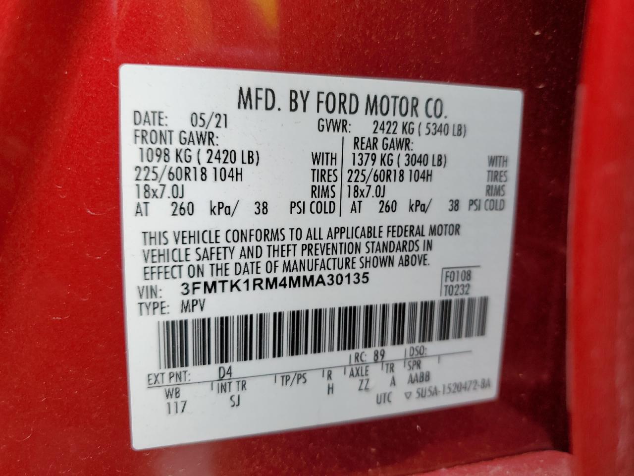 2021 Ford Mustang Mach-E Select VIN: 3FMTK1RM4MMA30135 Lot: 71018305