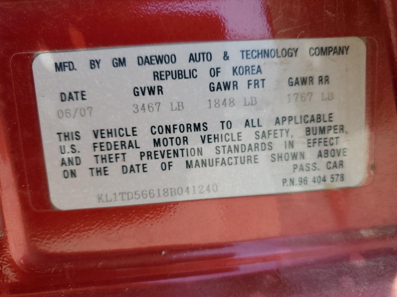 2008 Chevrolet Aveo Base VIN: KL1TD56618B041240 Lot: 71924735