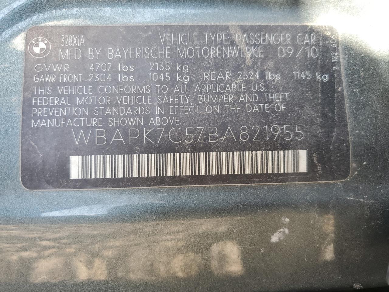 2011 BMW 328 Xi VIN: WBAPK7C57BA821955 Lot: 70910605
