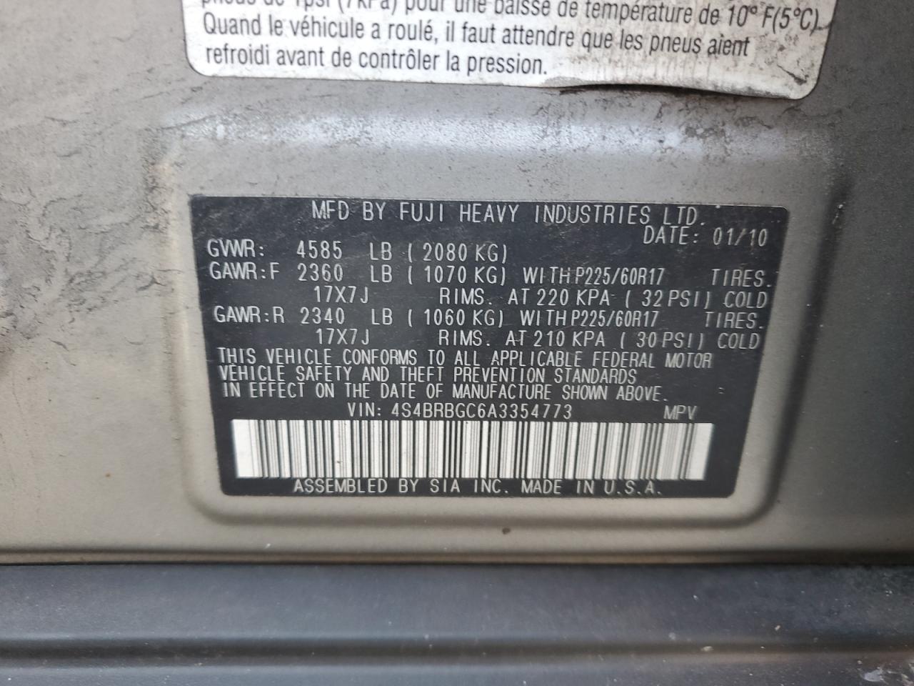 2010 Subaru Outback 2.5I Premium VIN: 4S4BRBGC6A3354773 Lot: 82072215