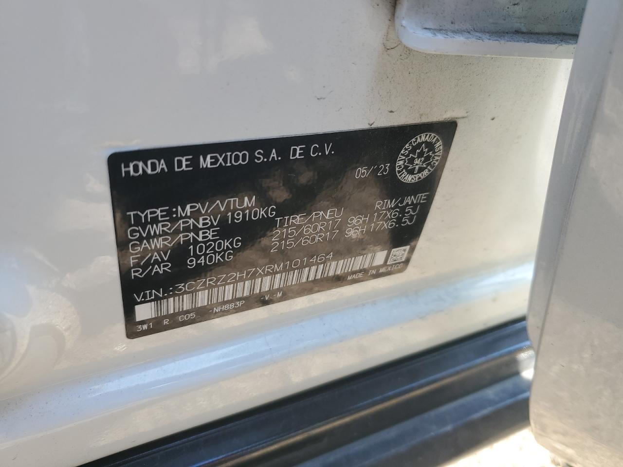 2024 Honda Hr-V Exl VIN: 3CZRZ2H7XRM101464 Lot: 71658225