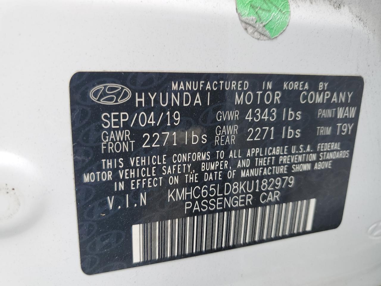 2019 Hyundai Ioniq VIN: KMHC65LD8KU182979 Lot: 80360045