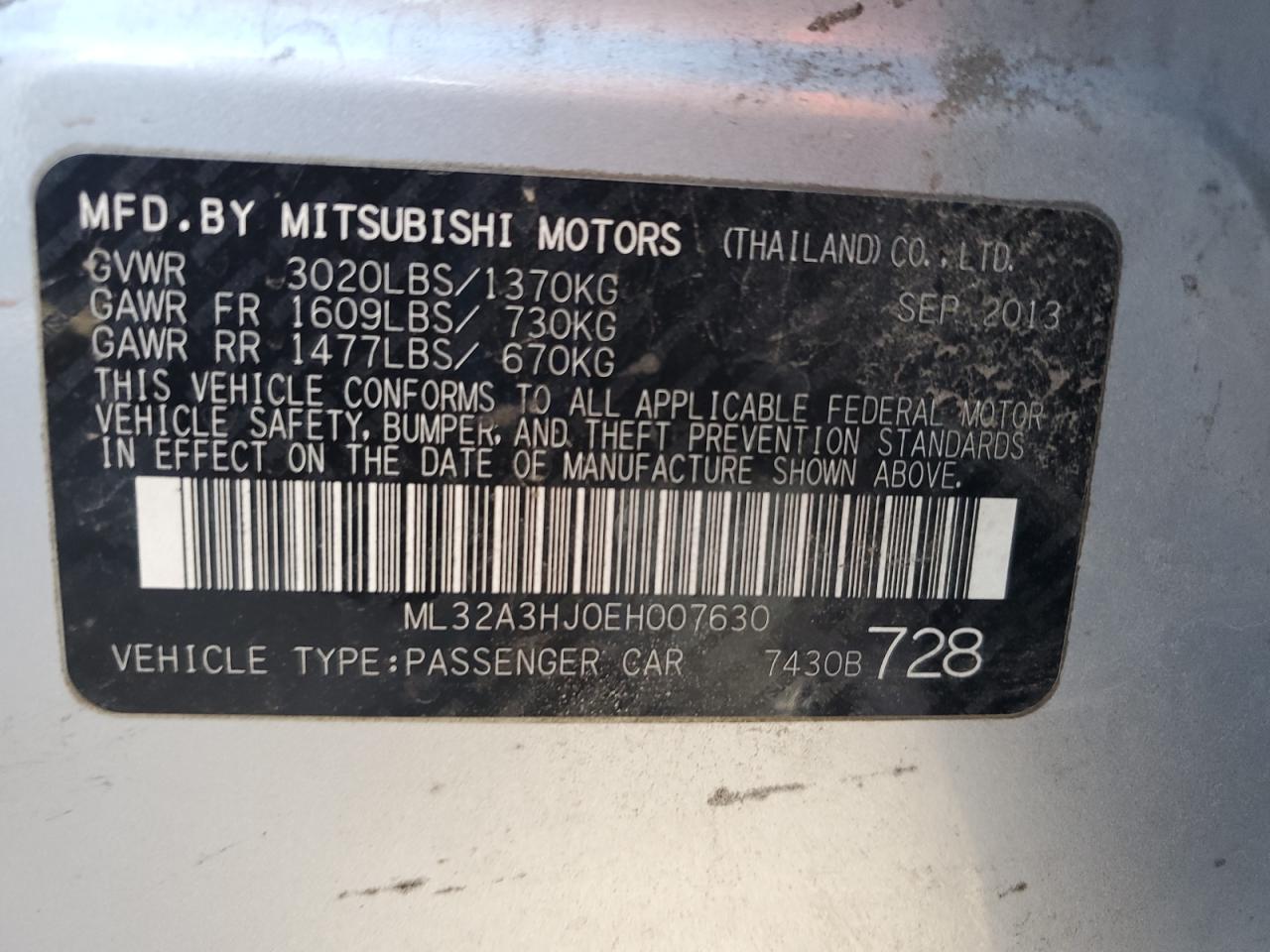 2014 Mitsubishi Mirage De VIN: ML32A3HJ0EH007630 Lot: 80764605