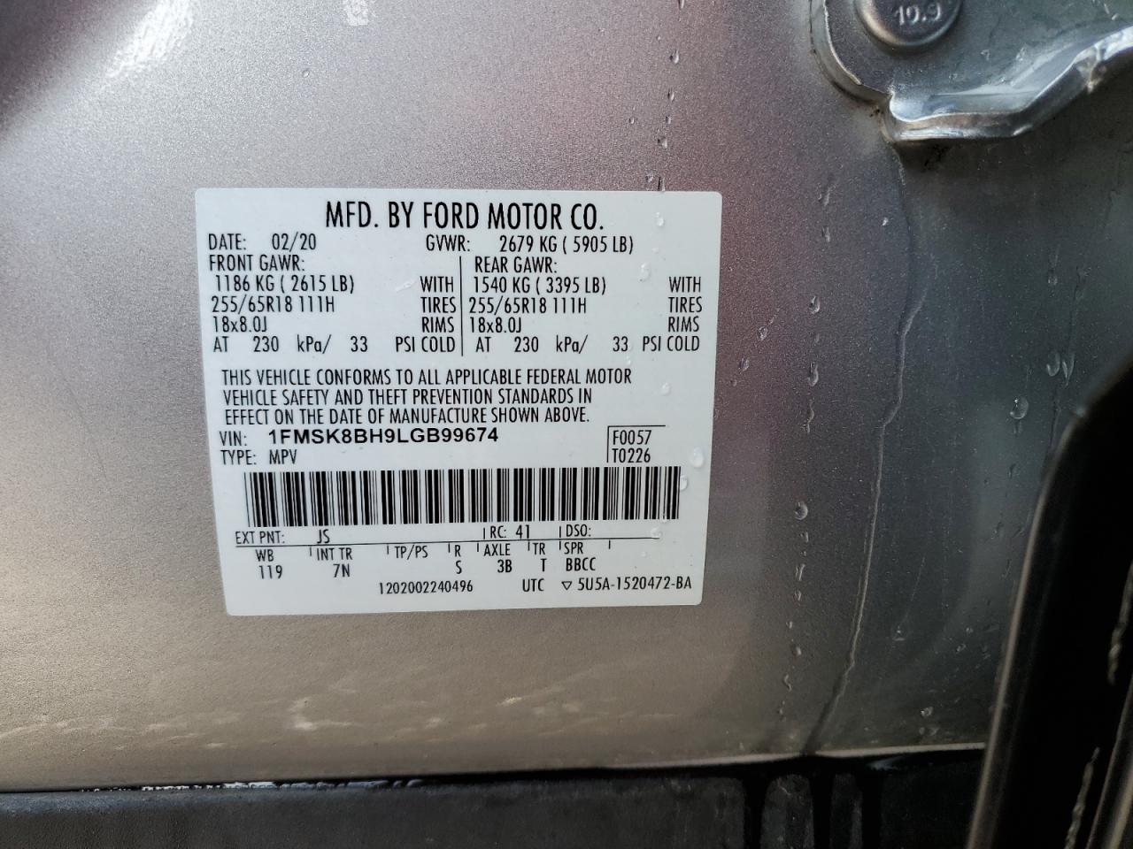 2020 Ford Explorer VIN: 1FMSK8BH9LGB99674 Lot: 84201975