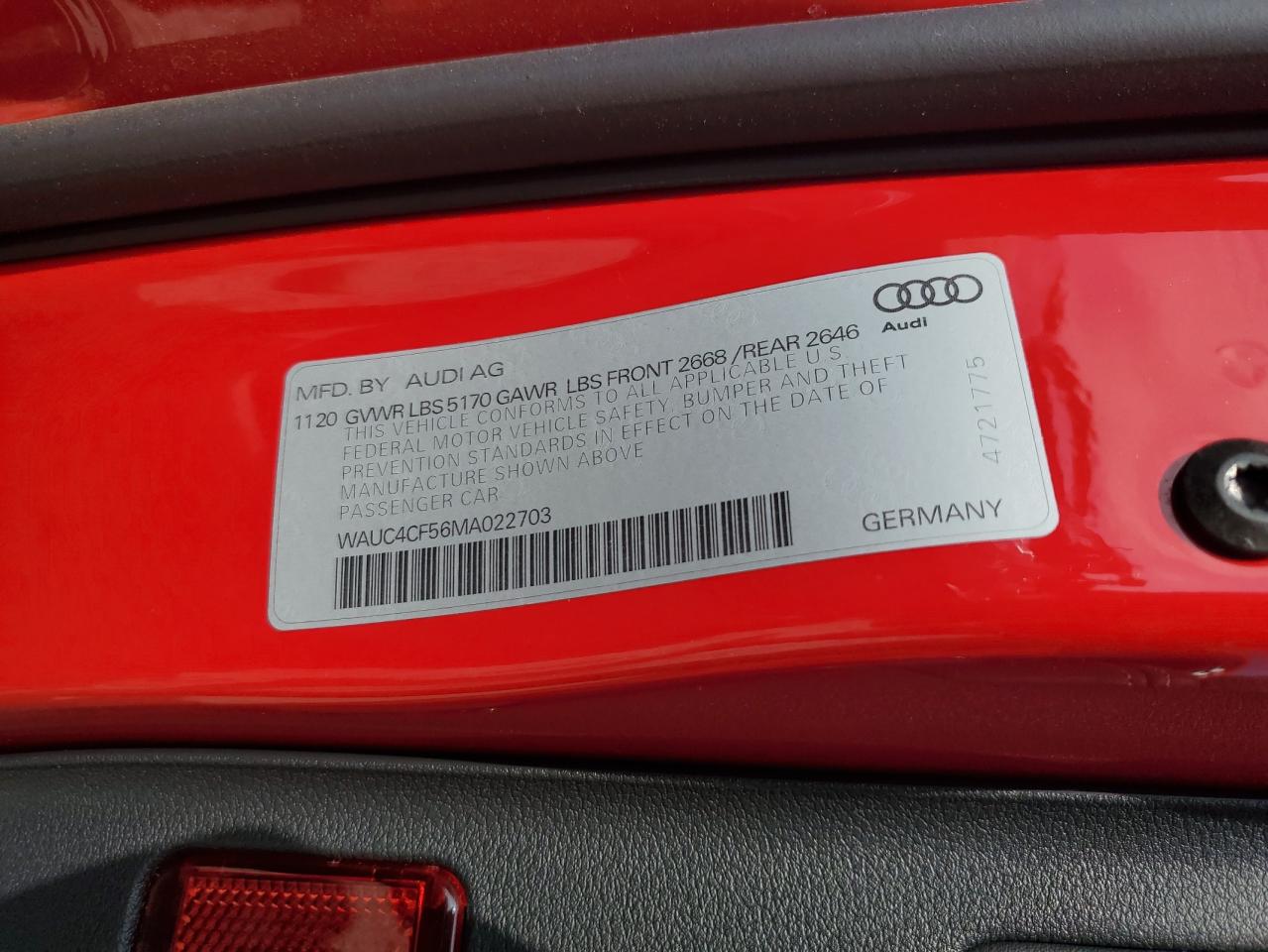 2021 Audi S5 Premium Plus VIN: WAUC4CF56MA022703 Lot: 80556535