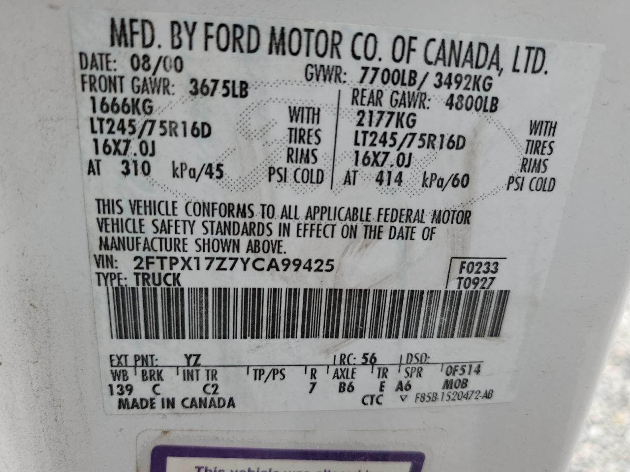 2000 Ford F150 VIN: 2FTPX17Z7YCA99425 Lot: 84234925