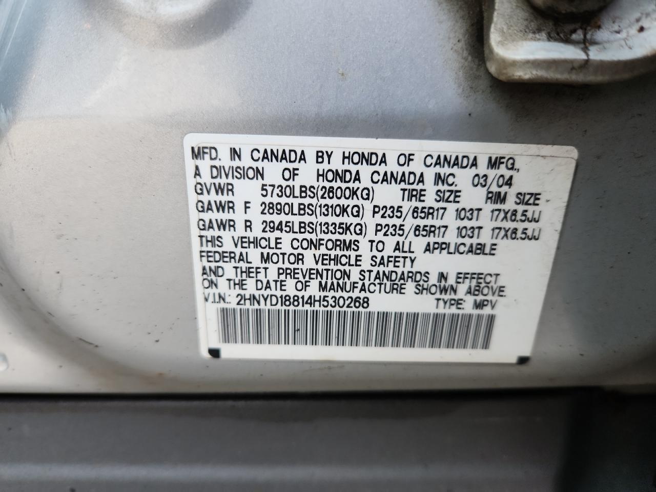 2004 Acura Mdx Touring VIN: 2HNYD18814H530268 Lot: 69458095