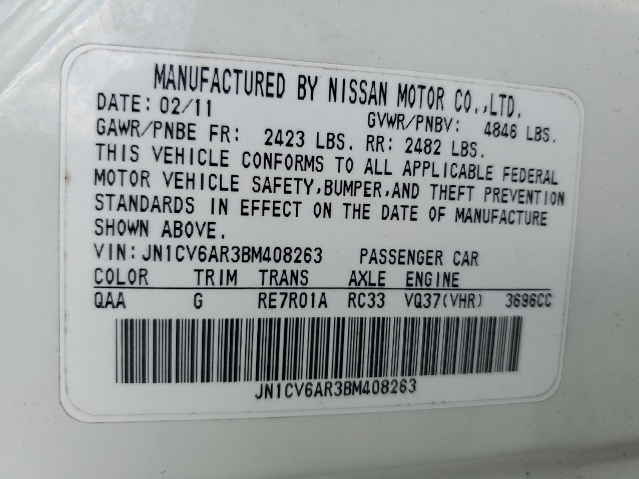 2011 Infiniti G37 VIN: JN1CV6AR3BM408263 Lot: 80130775