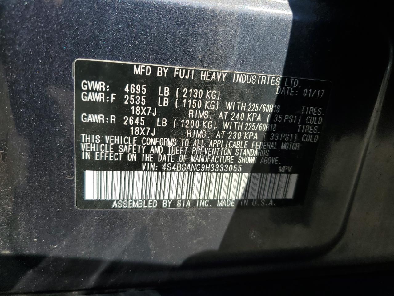 2017 Subaru Outback 2.5I Limited VIN: 4S4BSANC9H3333055 Lot: 70856515