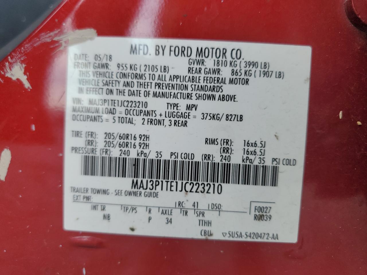 2018 Ford Ecosport Se VIN: MAJ3P1TE1JC223210 Lot: 71934995