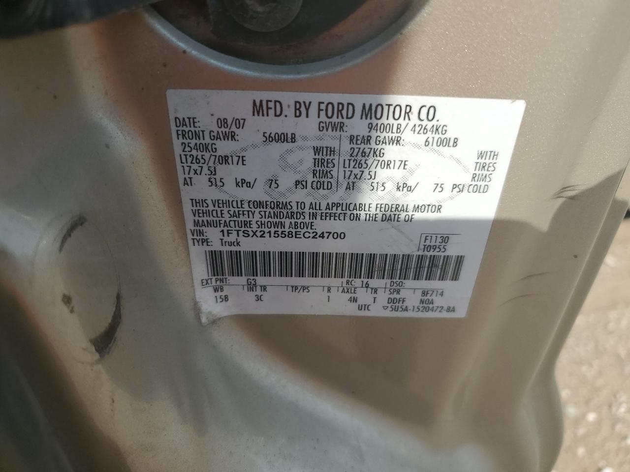 2008 Ford F250 Super Duty VIN: 1FTSX21558EC24700 Lot: 72095745