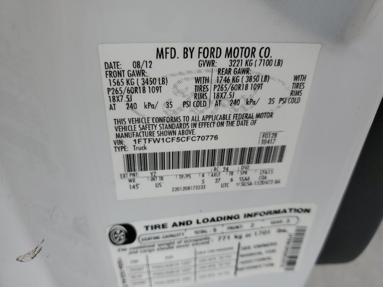2012 Ford F150 Supercrew VIN: 1FTFW1CF5CFC70776 Lot: 81753285