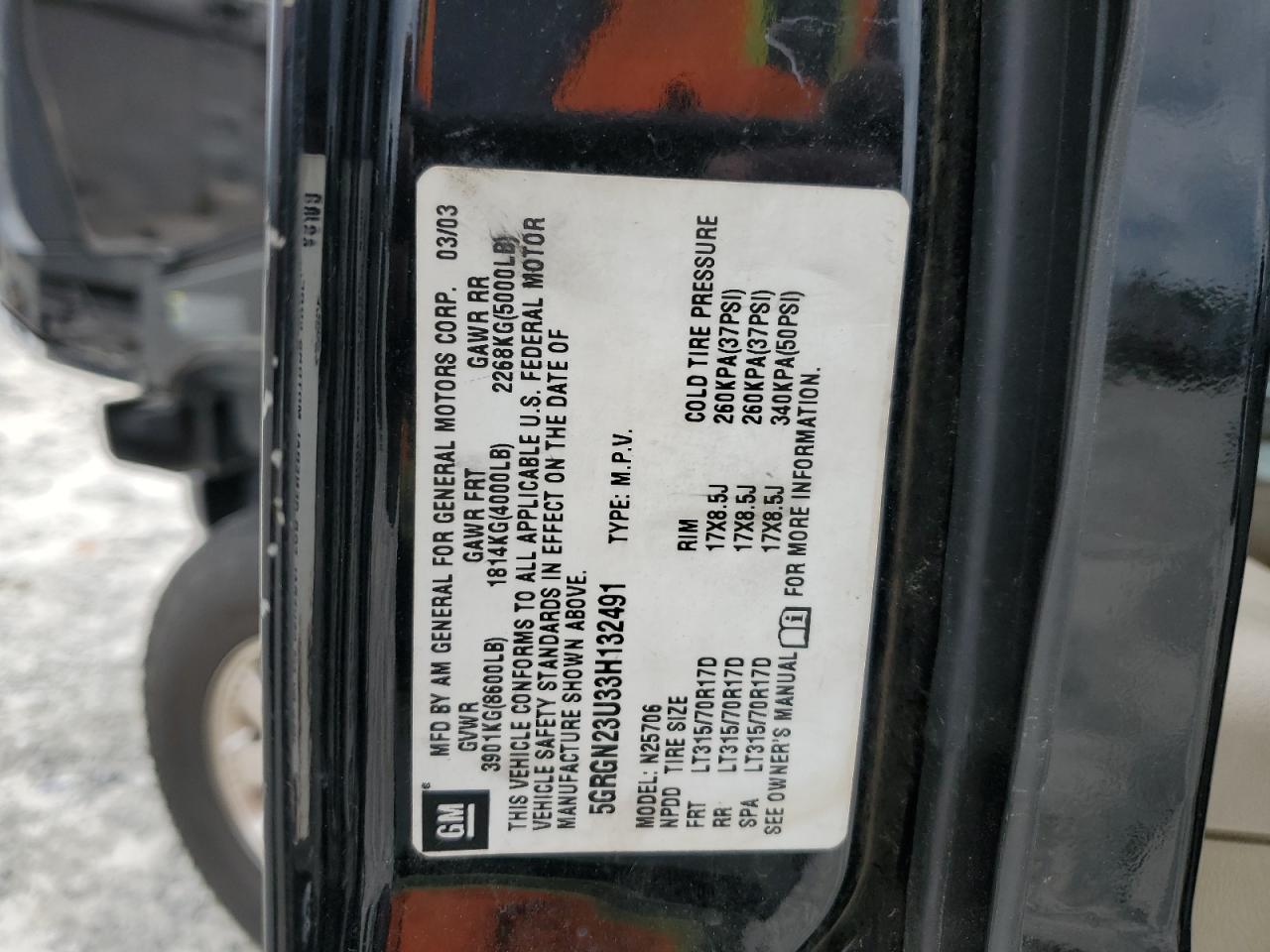 2003 Hummer H2 VIN: 5GRGN23U33H132491 Lot: 81834245
