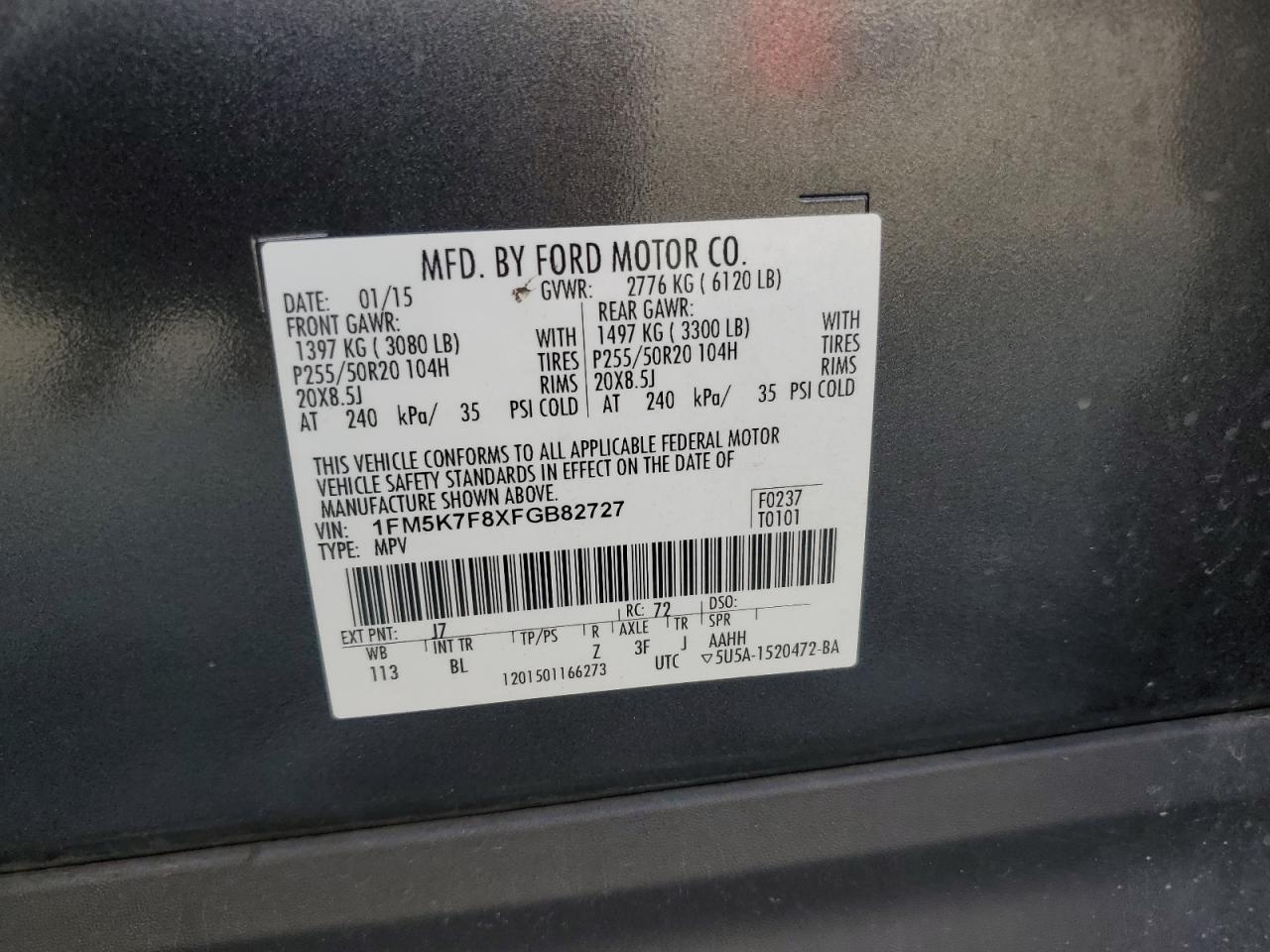 2015 Ford Explorer Limited VIN: 1FM5K7F8XFGB82727 Lot: 72050105