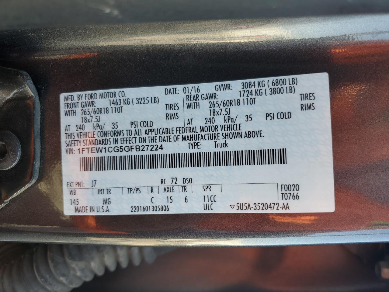 2016 Ford F150 Supercrew VIN: 1FTEW1CG5GFB27224 Lot: 83823585