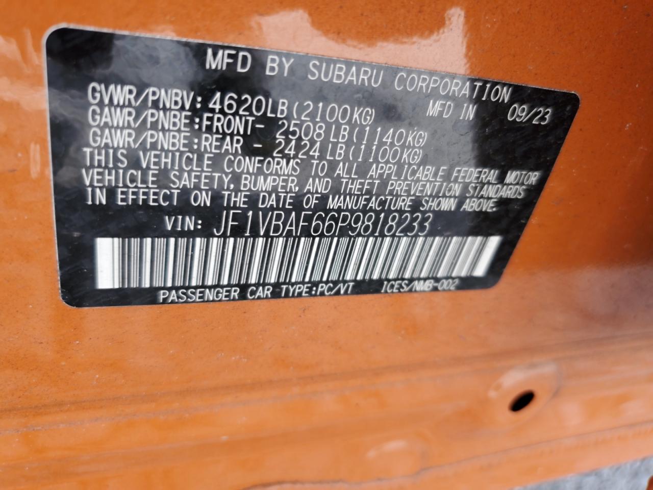 2023 Subaru Wrx Premium VIN: JF1VBAF66P9818233 Lot: 70026965