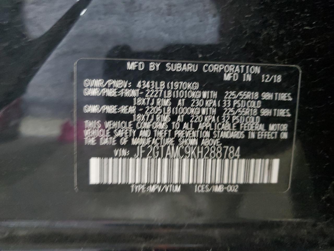 2019 Subaru Crosstrek Limited VIN: JF2GTAMC9KH288784 Lot: 70444365