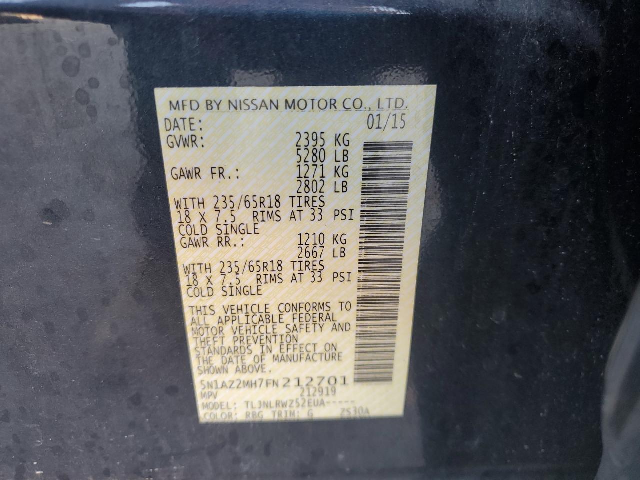 2015 Nissan Murano S VIN: 5N1AZ2MH7FN212701 Lot: 81051135