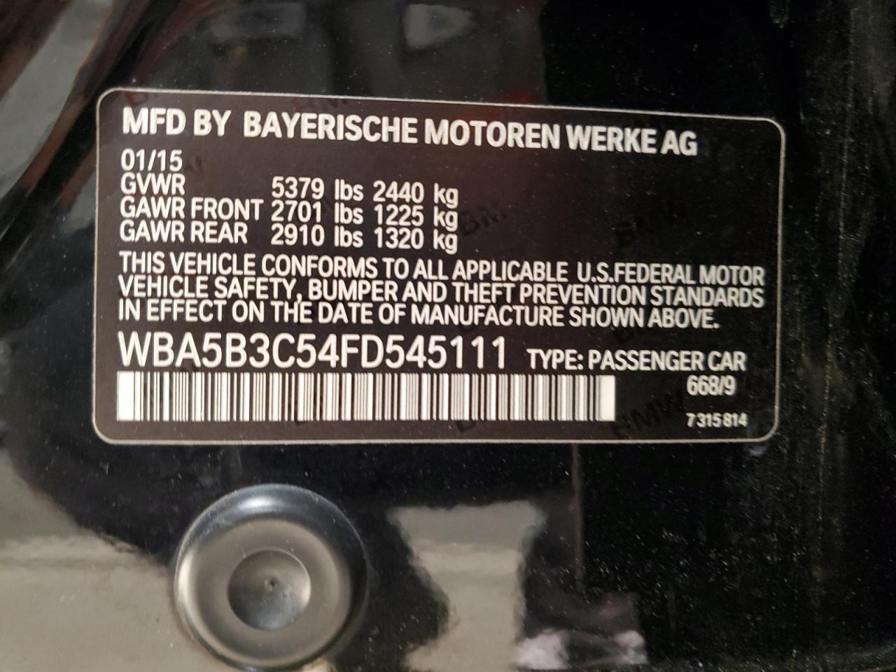 2015 BMW 535 Xi VIN: WBA5B3C54FD545111 Lot: 81884915