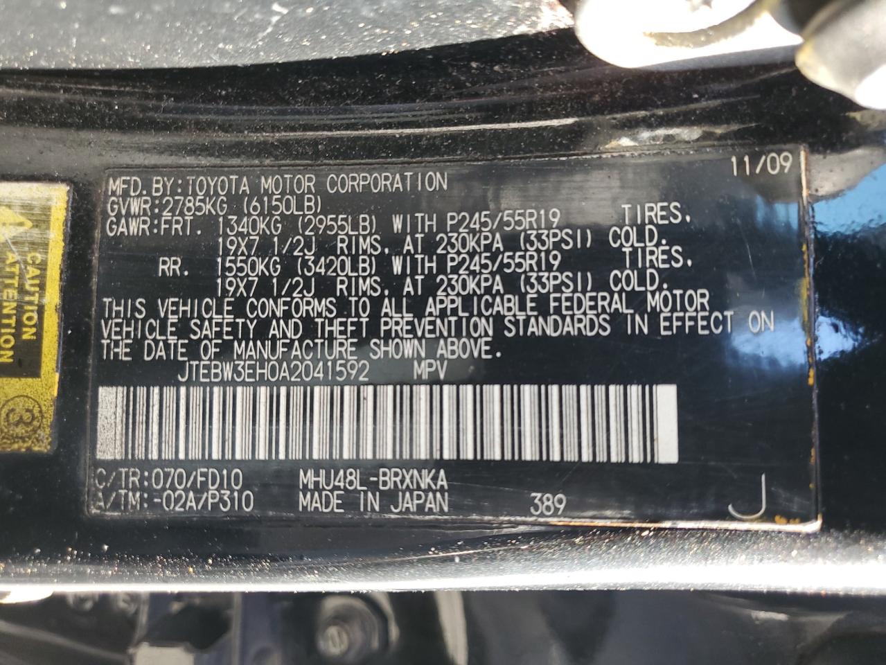 2010 Toyota Highlander Hybrid VIN: JTEBW3EH0A2041592 Lot: 83860115