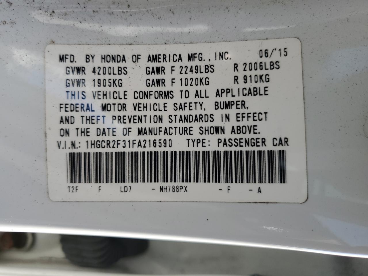 2015 Honda Accord Lx VIN: 1HGCR2F31FA216590 Lot: 80698985