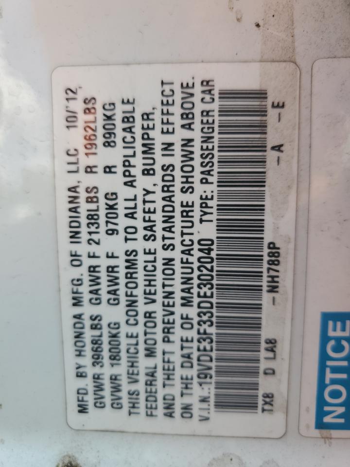 2013 Acura Ilx Hybrid VIN: 19VDE3F33DE302040 Lot: 81622905