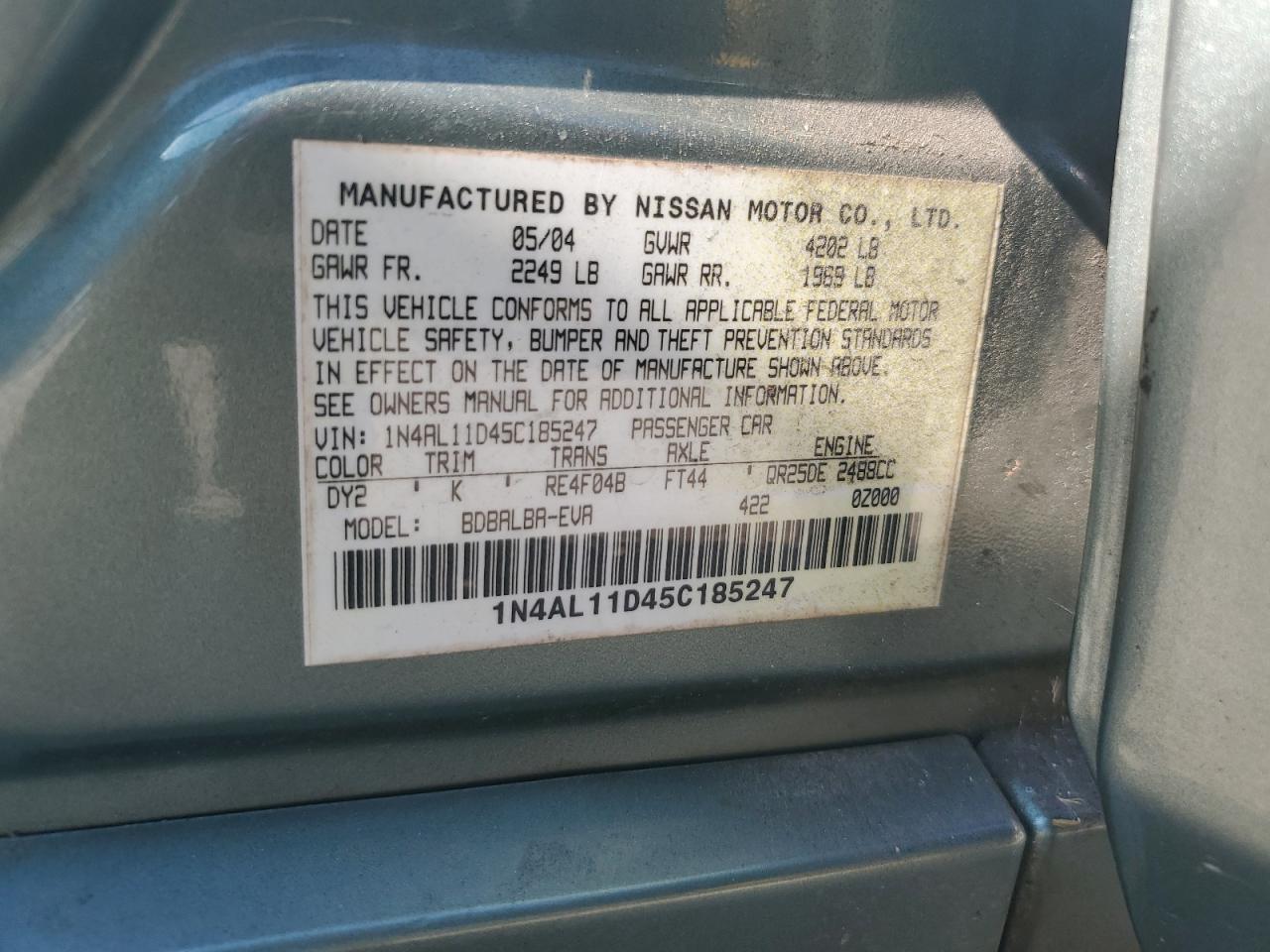 2005 Nissan Altima S VIN: 1N4AL11D45C185247 Lot: 83928955