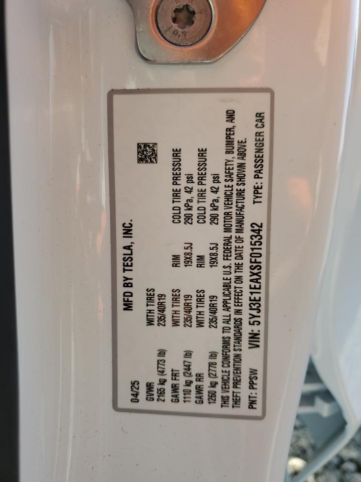 2025 Tesla Model 3 VIN: 5YJ3E1EAXSF015342 Lot: 81062665
