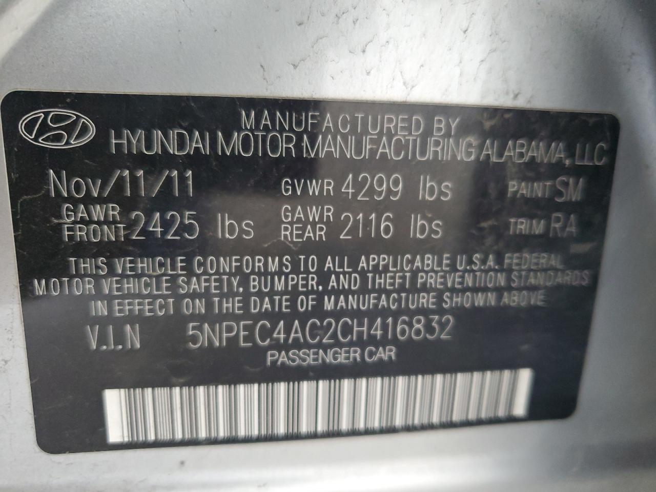 2012 Hyundai Sonata Se VIN: 5NPEC4AC2CH416832 Lot: 81221125