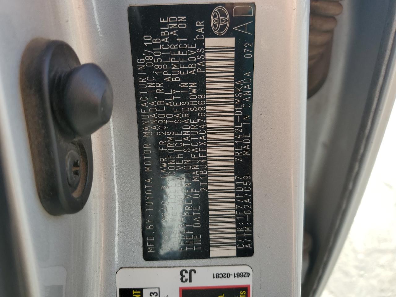 2010 Toyota Corolla Base VIN: 2T1BU4EEXAC476868 Lot: 84241265