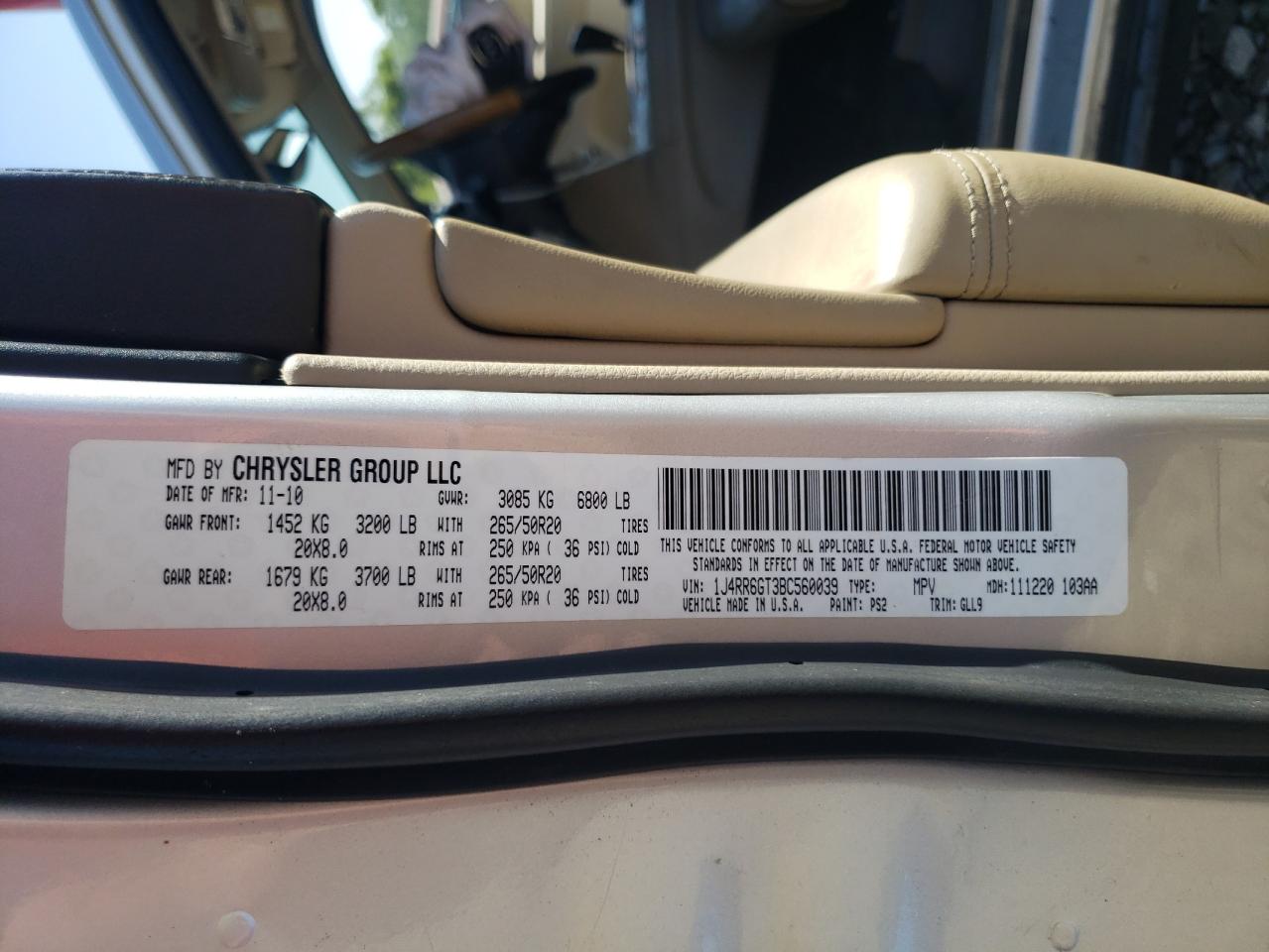 2011 Jeep Grand Cherokee Overland VIN: 1J4RR6GT3BC560039 Lot: 84042865