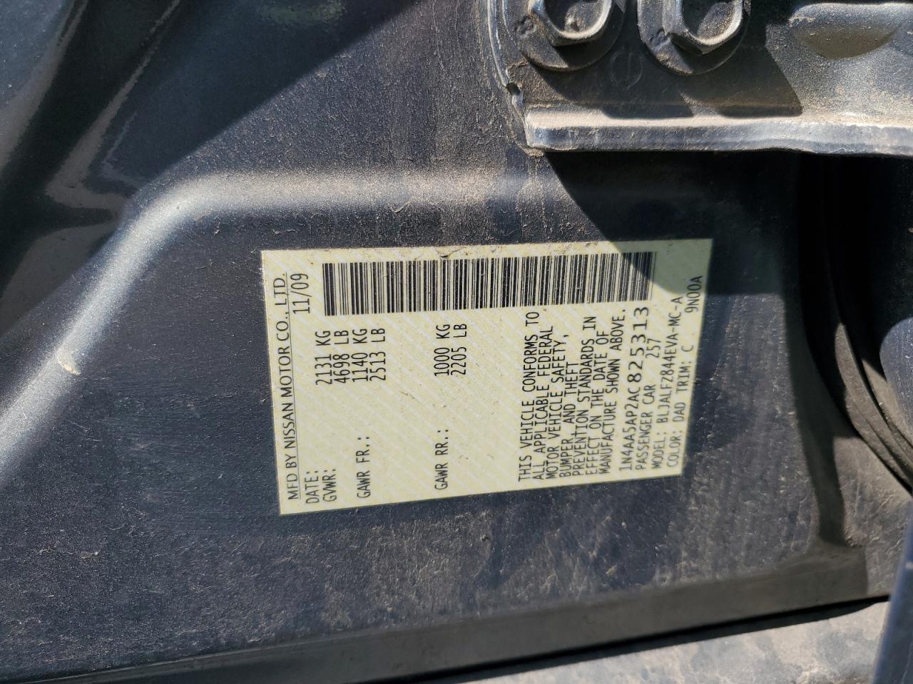 2010 Nissan Maxima S VIN: 1N4AA5AP2AC825313 Lot: 80122015