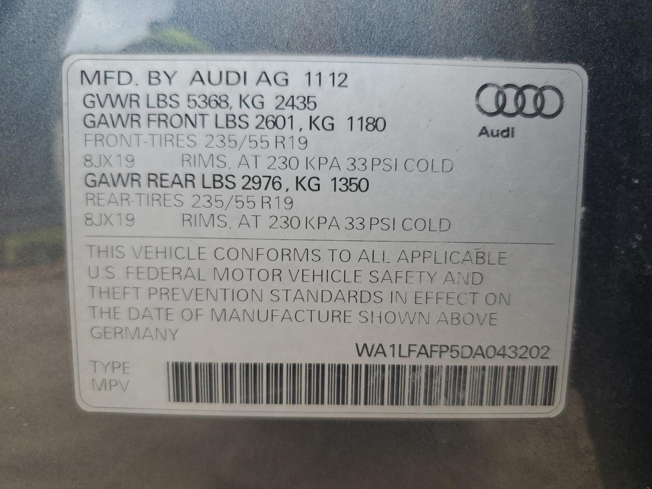 2013 Audi Q5 Premium Plus VIN: WA1LFAFP5DA043202 Lot: 70722255